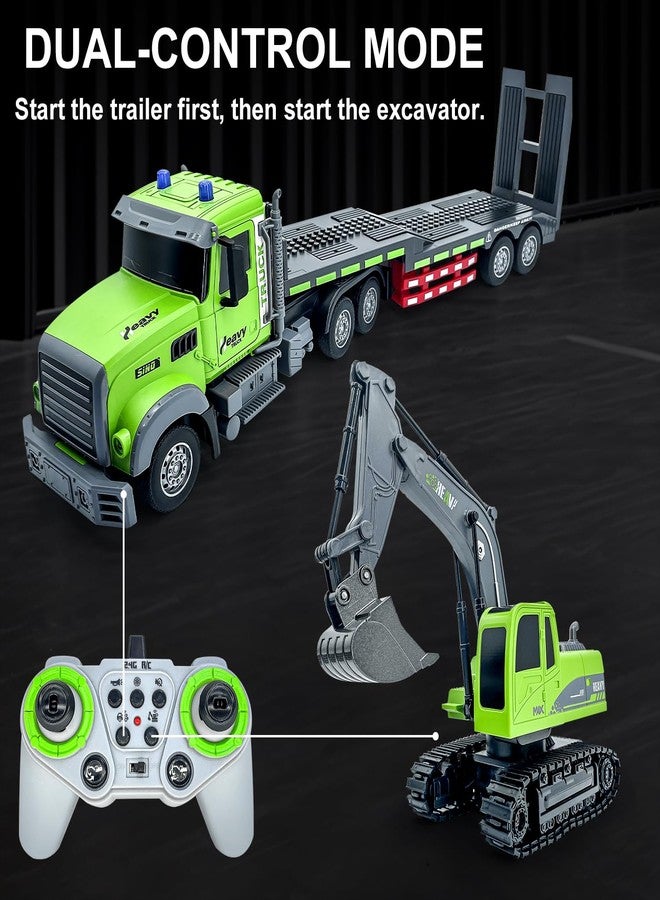 SNACKTANT 11 Channel RC Semi Truck & RC Excavator Toy Set, 1:12 Remote Control Flatbed Truck with Trailer, Engineering Vehicle with Sound & Lights, Alloy Bucket Excavator Toys, Great Gift for Boys Kids - Image 3