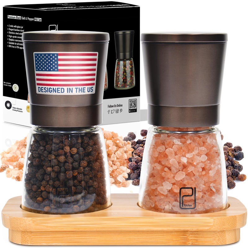 Premium Salt and Pepper Grinder Set wBamboo Holder  5 oz Black Bronze Stainless Steel  SP Spice Shakers  Refillable  Adjustable Coarseness Hand Mill for Spices  Seasonings  by PJCKitchen