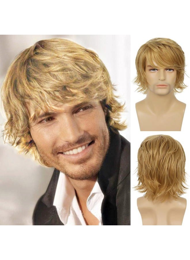 Wiwige Mens Blonde Wig Short Layered Natural Fluffy Wig Synthetic Heat Resistant Halloween Cosplay Hair Wig - Image 1