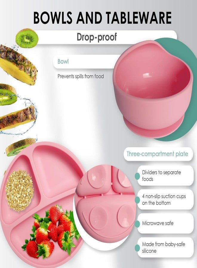 QLECT BPA Free Silicone Baby Feeding Set,Baby Led Weaning Supplies,Eating Essentials Utensils with Suction Plate & Bowl,Pocket Bib,Sippy Cup with Lid,Forks Spoons for Baby&Toddler 6+ Months,Pink - Image 3