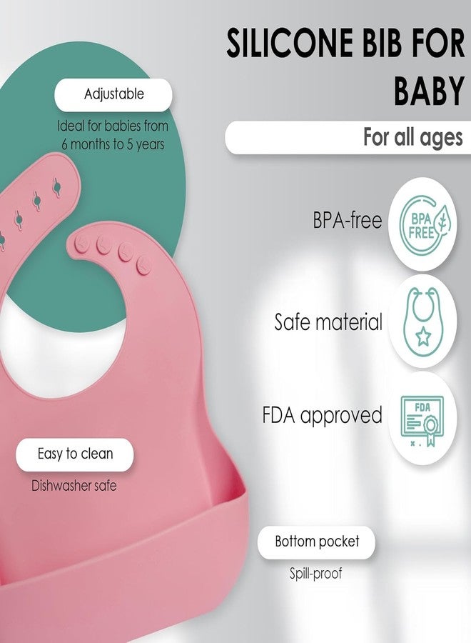 QLECT BPA Free Silicone Baby Feeding Set,Baby Led Weaning Supplies,Eating Essentials Utensils with Suction Plate & Bowl,Pocket Bib,Sippy Cup with Lid,Forks Spoons for Baby&Toddler 6+ Months,Pink - Image 2