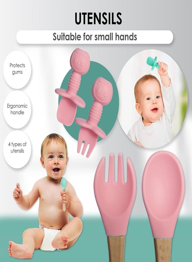 QLECT BPA Free Silicone Baby Feeding Set,Baby Led Weaning Supplies,Eating Essentials Utensils with Suction Plate & Bowl,Pocket Bib,Sippy Cup with Lid,Forks Spoons for Baby&Toddler 6+ Months,Pink - Image 4