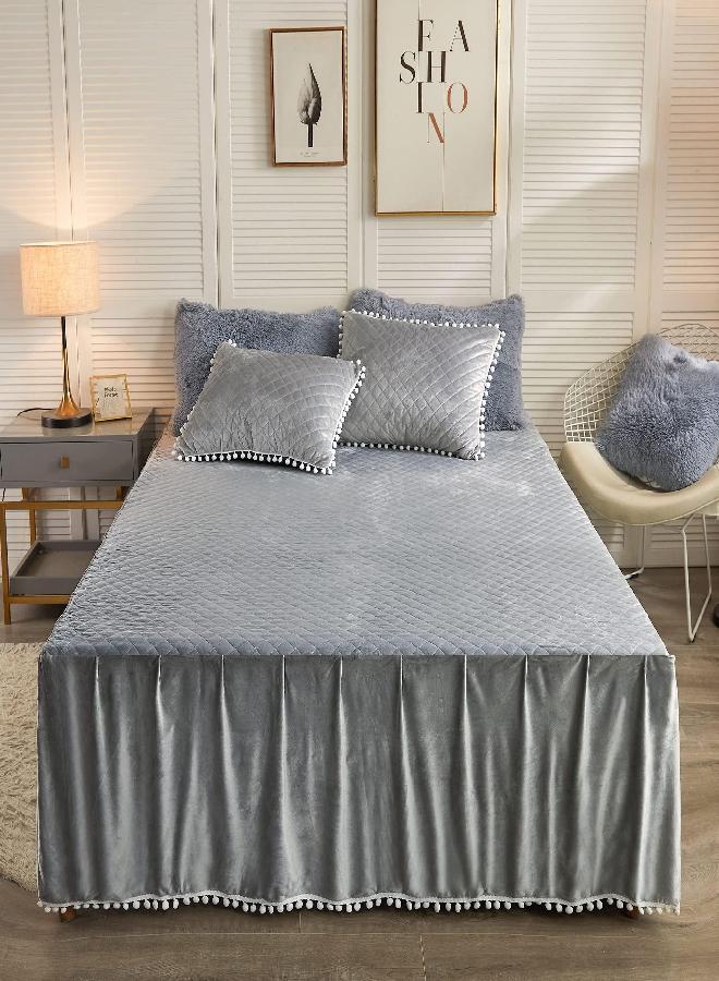 LIFEREVO LIFEREVO Luxury Pom Poms Velvet Bed Skirt, Velvet Wrap Around Bed Skirt, Diamond Quilted Fitted Bed Sheet with Bedskirt, 18 Inch Drop Dust Ruffle Decorative Bed Skirt Pompoms Fringe(Full/Queen, Gray) 