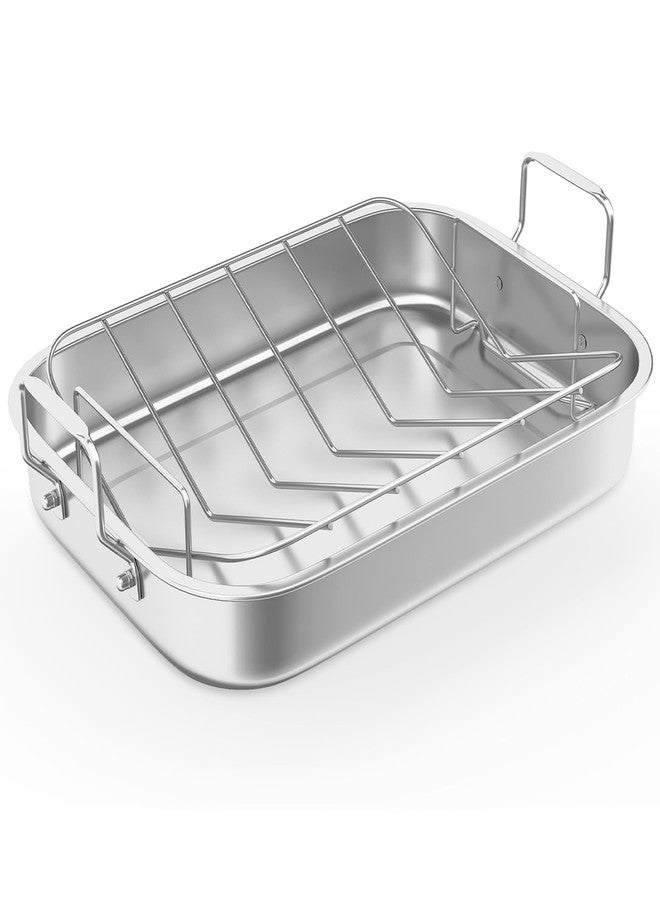 SUNVIVI 15.6'' Non-Stick Stainless Steel Roasting Pan with V-Shaped Rack - Rectangular Lasagna Pan with Handle, Heavy Duty & Dishwasher Safe, Suitable for Turkey, Chicken, Vegetable, Lasagna - Image 1