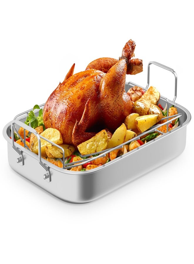 SUNVIVI 15.6'' Non-Stick Stainless Steel Roasting Pan with V-Shaped Rack - Rectangular Lasagna Pan with Handle, Heavy Duty & Dishwasher Safe, Suitable for Turkey, Chicken, Vegetable, Lasagna - Image 3