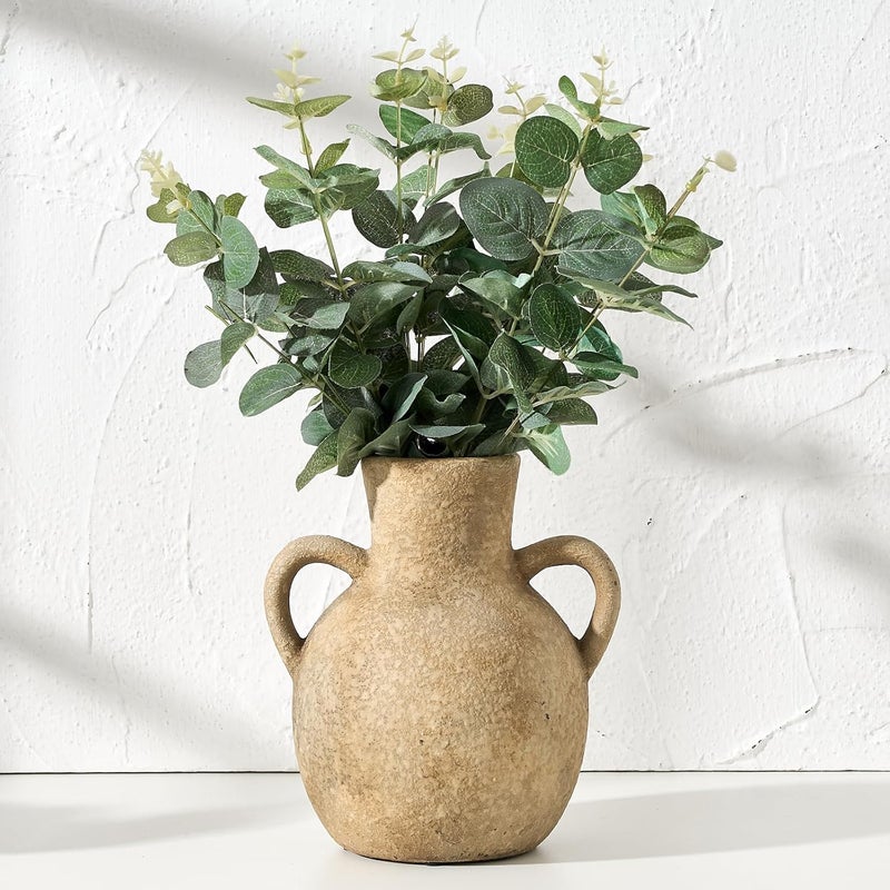SIDUCAL Rustic Ceramic Farmhouse Flower Vase with 2 Handles, Terracotta Vase, Decorative Pottery Flower for Home Decor, Table, Wedding, Living Room, Shelf Decor, 7.3 Inch, Brown - Image 4