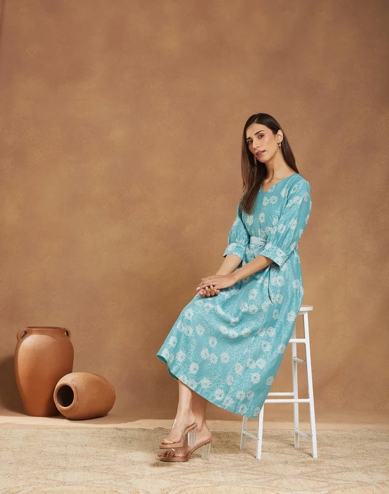 Fabindia Green Cotton Silk Hand Block Printed Midi Dress