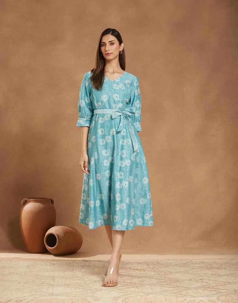 Fabindia Green Cotton Silk Hand Block Printed Midi Dress