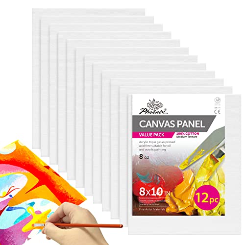 PHOENIX Painting Canvas Panels 8x10 Inch, 12 Value Pack - 8 Oz Triple Primed 100% Cotton Acid Free Canvas Boards for Painting, White Blank Flat Canvas Boards for Acrylic, Oil Paints - Image 1