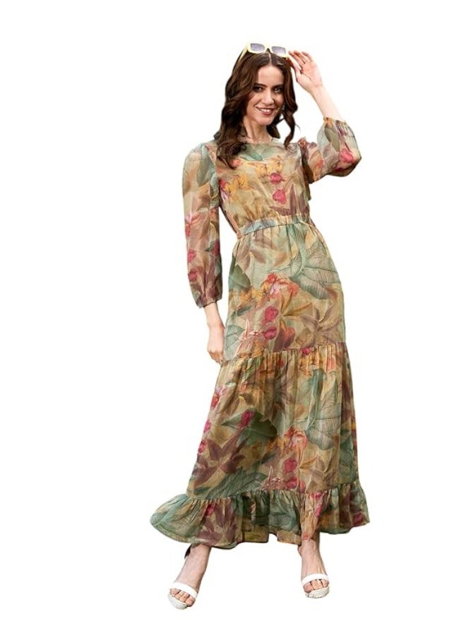 SASSAFRAS Women’s Floral Waist Cut-Out Tiered Dress - Image 1