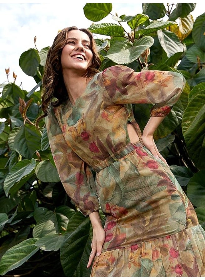 SASSAFRAS Women’s Floral Waist Cut-Out Tiered Dress - Image 4