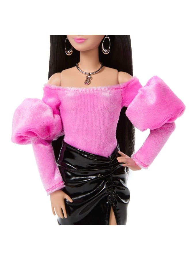 Barbie Deluxe Style Doll #13 in Pink Barbiecore Velveteen Top with Puffed Sleeves, Black Vinyl Mini Skirt, Black Hair, Pink Purse and Sunglasses​​ - Image 5
