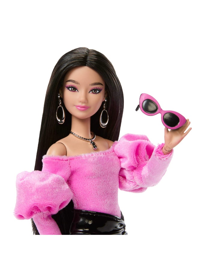 Barbie Deluxe Style Doll #13 in Pink Barbiecore Velveteen Top with Puffed Sleeves, Black Vinyl Mini Skirt, Black Hair, Pink Purse and Sunglasses​​ - Image 3