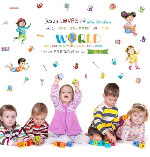 YIMEHDAN Jesus Loves The Little Children Equality Wall Decal, Bible Verses Inspirational Quote Handprint Vinyl Wall Stickers, Removable Learning Student Artwork for School Classroom Playroom Decor - Image 5