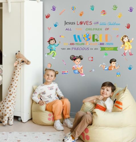YIMEHDAN Jesus Loves The Little Children Equality Wall Decal, Bible Verses Inspirational Quote Handprint Vinyl Wall Stickers, Removable Learning Student Artwork for School Classroom Playroom Decor - Image 3