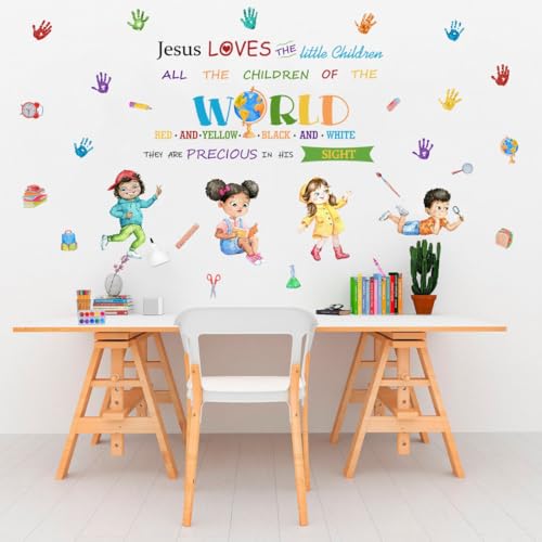 YIMEHDAN Jesus Loves The Little Children Equality Wall Decal, Bible Verses Inspirational Quote Handprint Vinyl Wall Stickers, Removable Learning Student Artwork for School Classroom Playroom Decor - Image 2