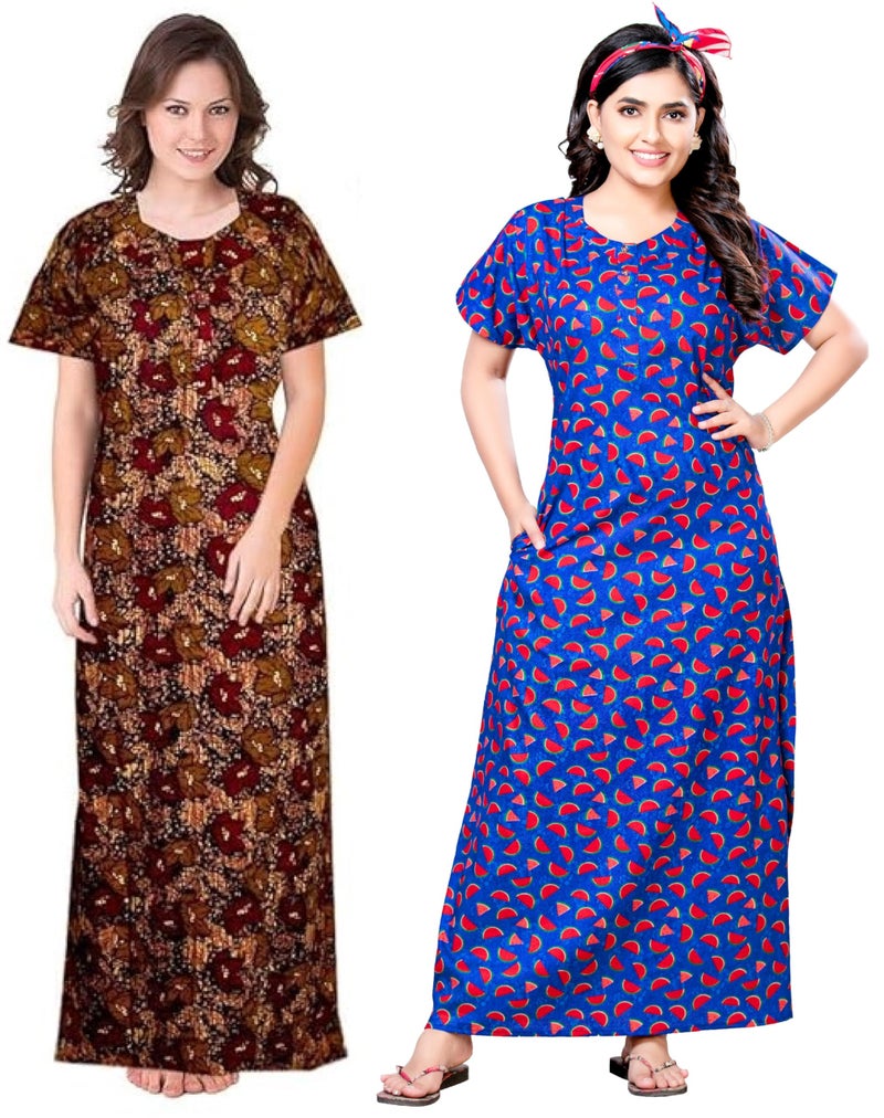 Keyocean Women's Cotton Printed Nighty Night Gown Maxi Free Size (Pack of 2) Blue & Brown - Image 1