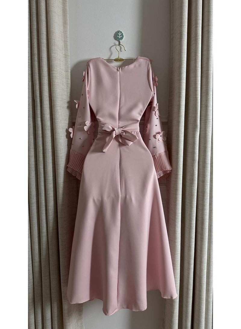 Cutie Women's Pink Evening Dress with Floral Appliqué Sleeves & Pleated Cuffs - Image 1