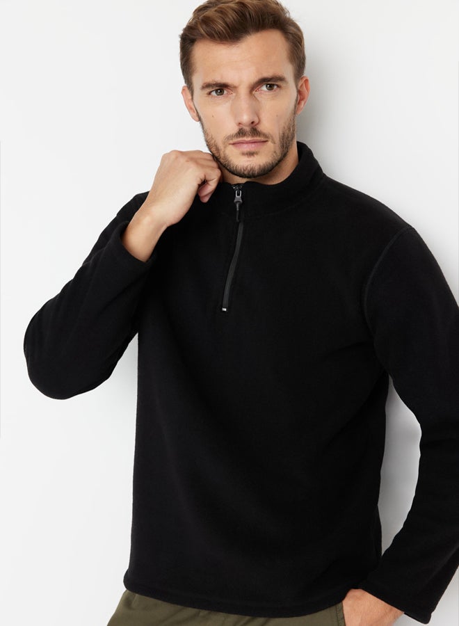 trendyol Black Regular/Normal Cut Stand Collar Zippered Anti-pilling Polar Sweatshirt - Image 4