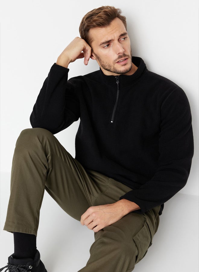 trendyol Black Regular/Normal Cut Stand Collar Zippered Anti-pilling Polar Sweatshirt - Image 2