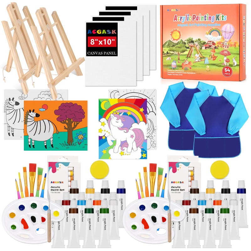 54 Pieces Acrylic Paint Set for KidsArts and Crafts Gifts Arts Supplies and Painting Kits for Kids with 8 Canvas Panels2X 12 Paints2 Art Smocks2 EaselsEtcChristmas Gifts