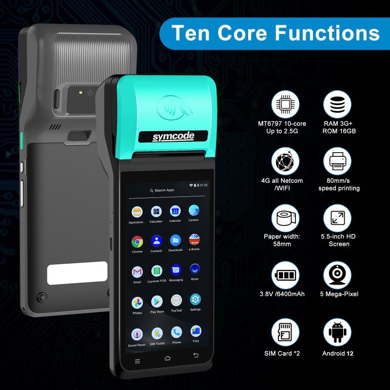 symcode POS PDA Thermal Receipt Printer Handheld Printer Mobile POS Machine 5.5" Touch Screen 58mm Thermal Printer Android 12 Support 4G:FDD-LTE,TD-LTE 3G: WCDMA 2G: GSM,GPRS Hot spot 3GB Ram +16GB ROM&NFC - Image 2