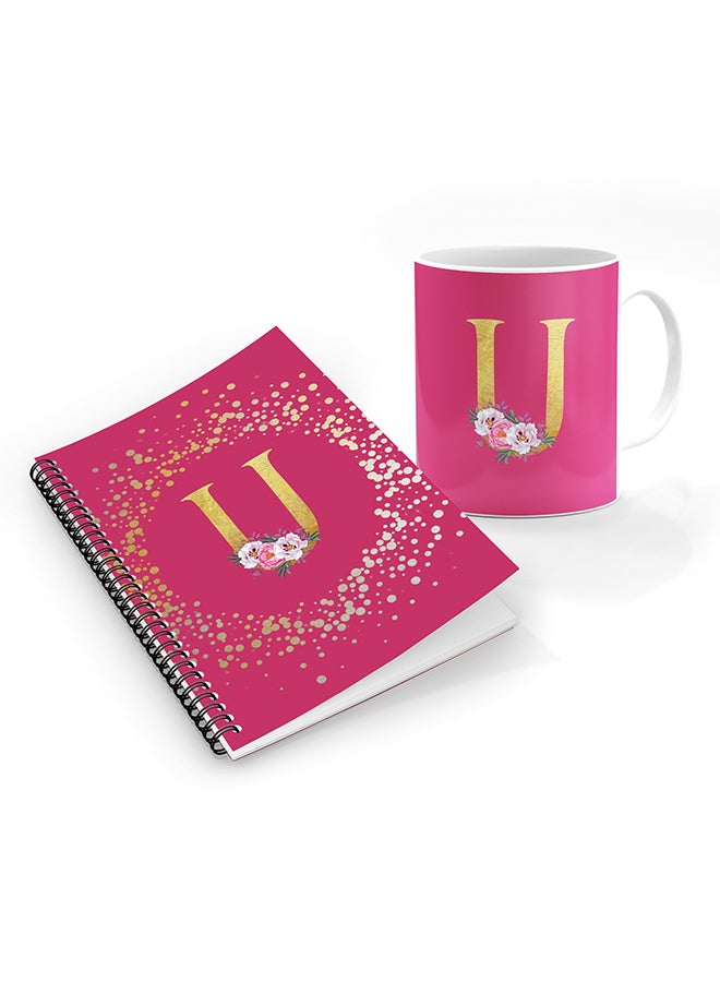 Stylizedd Printed Coffee Mug + A5 Spiral Notebook Memo Personalised Combo Gift Set Custom Monogram Initial Letter Floral Pattern Alphabet -  U (Pink Rose)