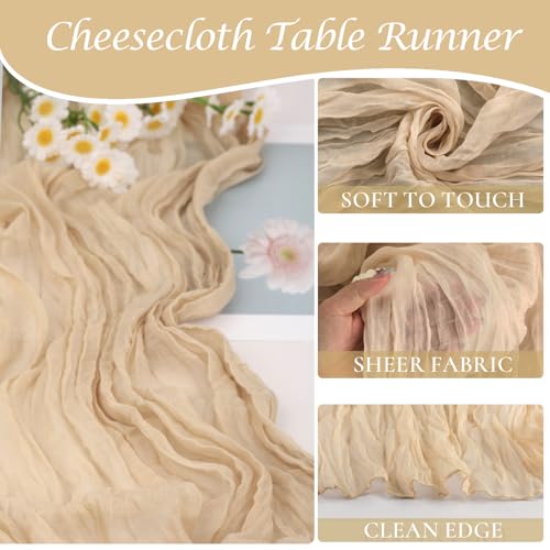 BLUETOP 12 Pack Champagne Cheesecloth Table Runner 35x120 Inches, Summer Cheese Cloth Table Runner 10FT Boho Sheer Gauze Runner for Bridal Shower Wedding Baby Shower Party Decor - Image 3