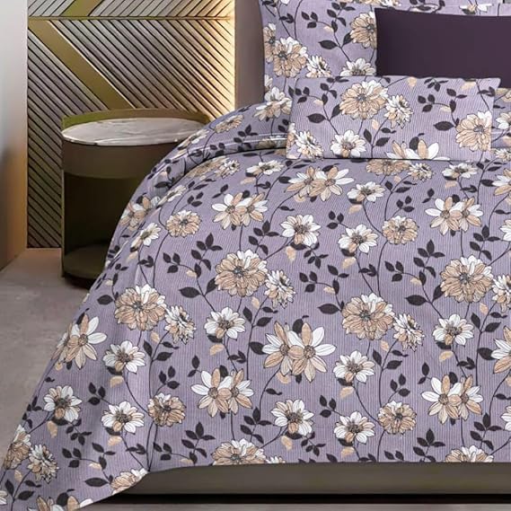 Label 77 100 Pure Premium Cotton Super King Size Double Bedsheet 108x108 9ft by 9ft with 2 Pillow Covers Super Soft 400TC Floral Print Purple  - Image 2