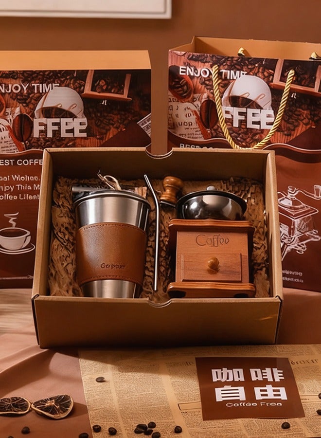 مجموعة سلة هدايا صانعة القهوة 8 في 1 مع صندوق هدايا، مجموعة مطحنة قهوة مع كوب قهوة من الفولاذ المقاوم للصدأ، مجموعة ملحقات تحضير القهوة يدويًا لمحبي القهوة، هدية عيد الميلاد والذكرى السنوية والعطلات - Image 1