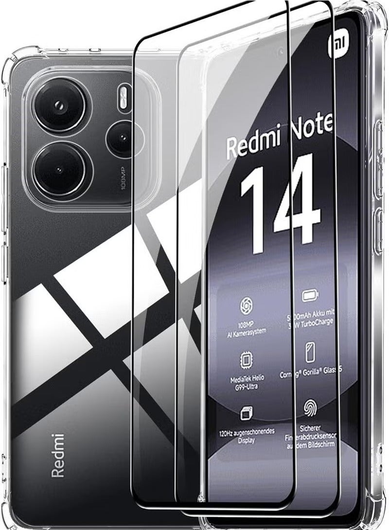 TIGER Redmi Note 14 4G Case with 2-Pack Screen Protector – Transparent TPU Shockproof Protective Cover with Black Edge & Four-Corner Airbag Bumpers | Full Cover Tempered Glass for 6.67” Redmi Note 14 4G Only | Slim, Anti-Scratch, Flexible Case - Image 1