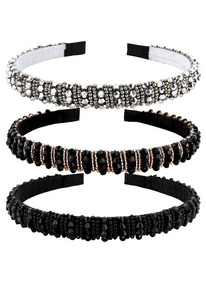 ANBALA Beaded Crystal Rhinestone Dressy Headbands For Women And Girls - Diamond Thin Sparkly Hair Bling Headbands (Black Silver Gold) - Image 1