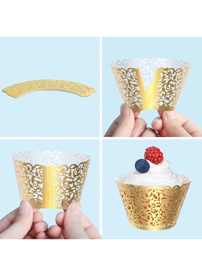 Gospire 50 pcs Pearl Lace Filigree Wedding Cupcake Wrapper Baking Cake Cups Wraps Party Decoration Laser Cut Bright Gold - Image 4
