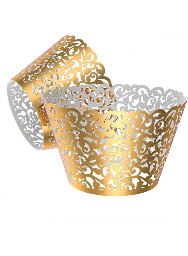 Gospire 50 pcs Pearl Lace Filigree Wedding Cupcake Wrapper Baking Cake Cups Wraps Party Decoration Laser Cut Bright Gold - Image 1