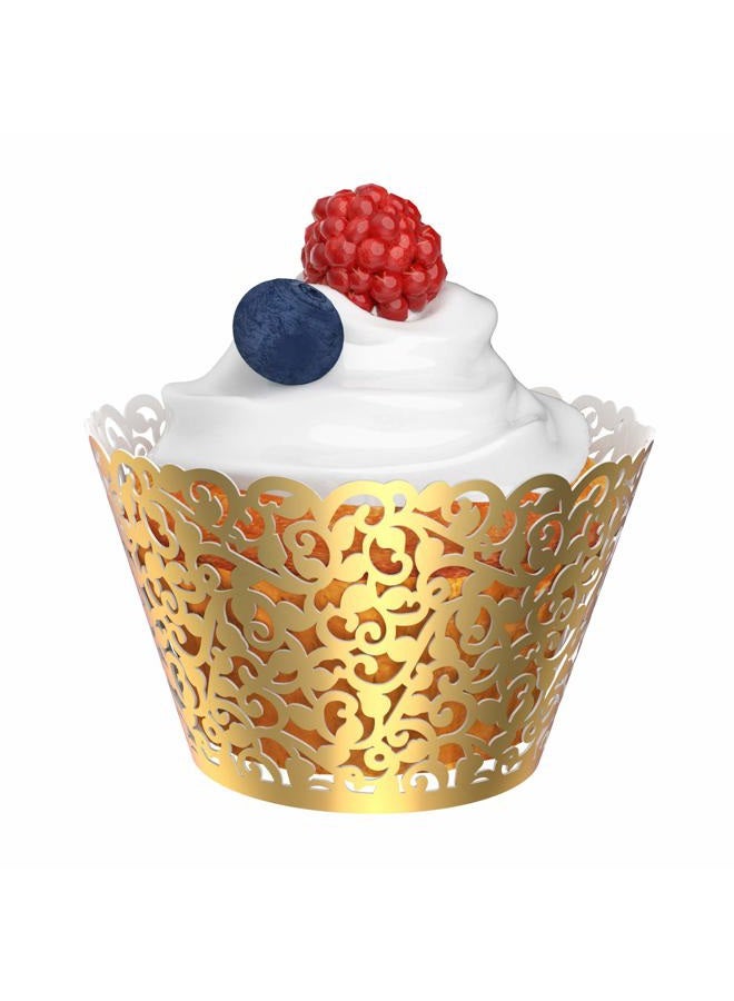 Gospire 50 pcs Pearl Lace Filigree Wedding Cupcake Wrapper Baking Cake Cups Wraps Party Decoration Laser Cut Bright Gold - Image 2