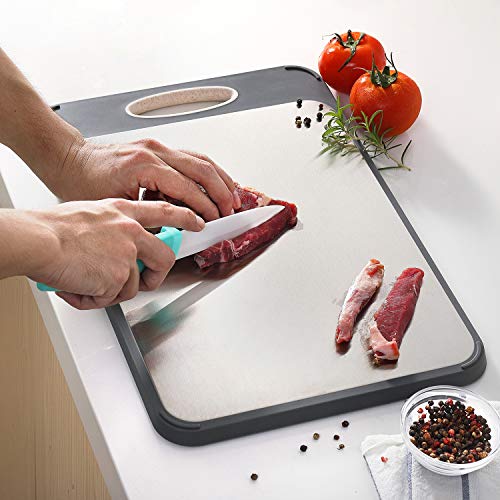 GUANCI Cutting Board for Kitchen Double Sided 304 Stainless Steel Chopping Board Food-Grade Stainless Steel and Wheat Straw PP Samll Size 14’’×9.6’’ Easy to Clean - Image 2