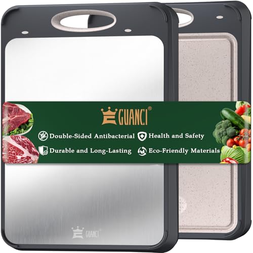 GUANCI Cutting Board for Kitchen Double Sided 304 Stainless Steel Chopping Board Food-Grade Stainless Steel and Wheat Straw PP Samll Size 14’’×9.6’’ Easy to Clean - Image 1