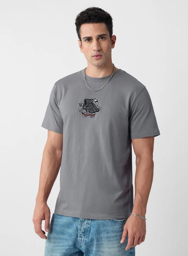 The Souled Store Men Grey Embroidered Relaxed Fit T-Shirt