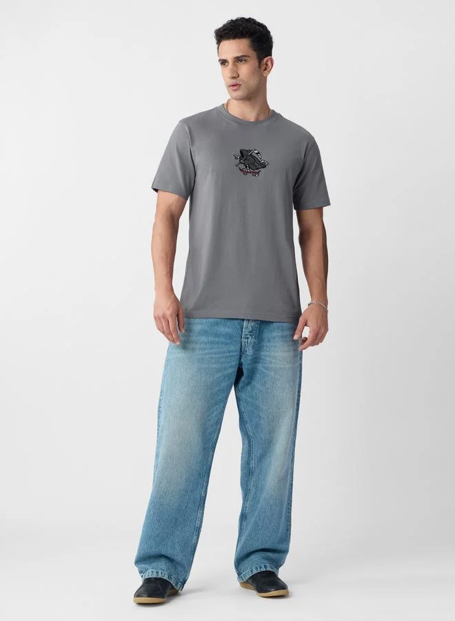 The Souled Store Men Grey Embroidered Relaxed Fit T-Shirt