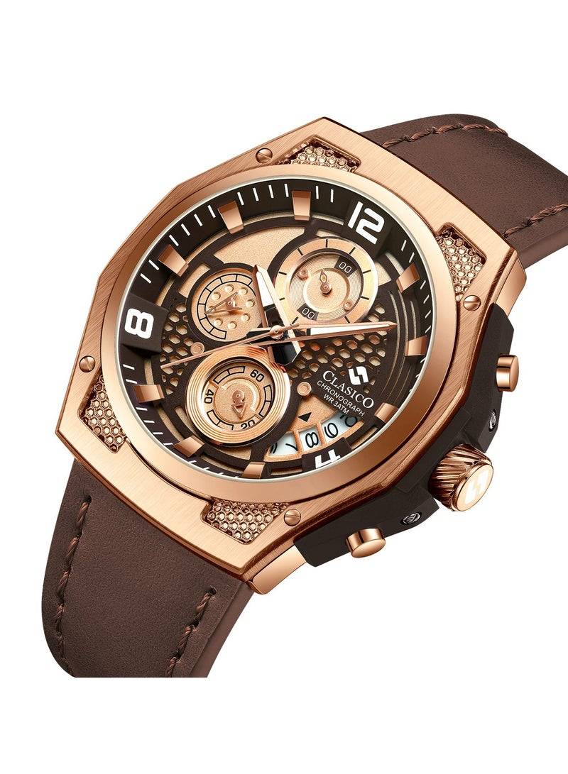 Clasico ساعة كرونوغراف رابتور 6-أيدي – إصدار ذهبي وبني مع حزام جلد طبيعي – حركة عيار النخبة Y121 – تصميم مقاوم للماء - Image 2