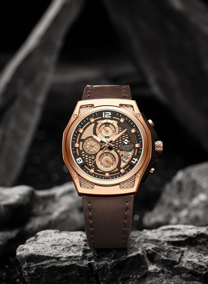 Clasico ساعة كرونوغراف رابتور 6-أيدي – إصدار ذهبي وبني مع حزام جلد طبيعي – حركة عيار النخبة Y121 – تصميم مقاوم للماء - Image 3