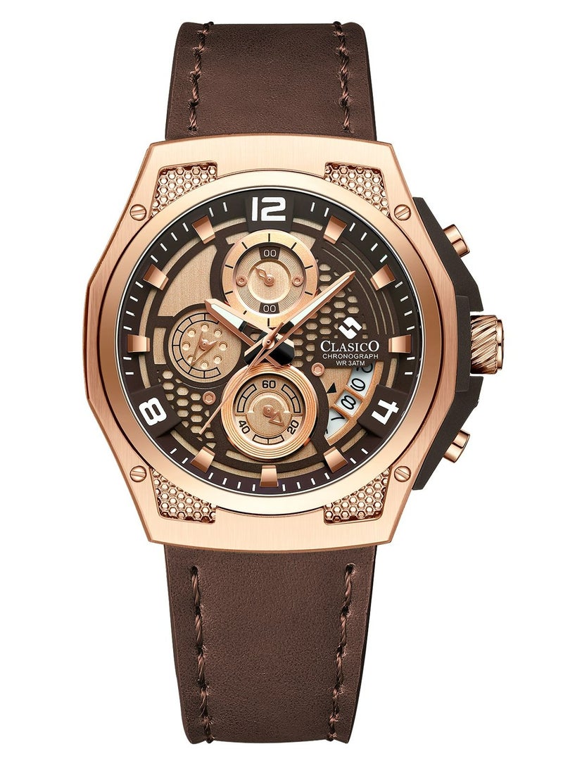 Clasico ساعة كرونوغراف رابتور 6-أيدي – إصدار ذهبي وبني مع حزام جلد طبيعي – حركة عيار النخبة Y121 – تصميم مقاوم للماء - Image 1