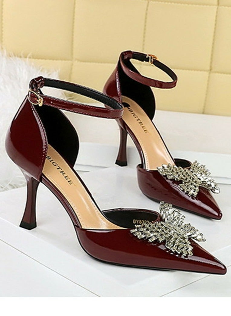 BIGTREE Women's Patent Leather Closed Pointed Toe Stiletto Pump Rhinestone Bowknot Decoration High Heels Wine Red 8CM - Image 1