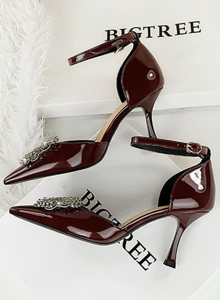 BIGTREE Women's Patent Leather Closed Pointed Toe Stiletto Pump Rhinestone Bowknot Decoration High Heels Wine Red 8CM - Image 2