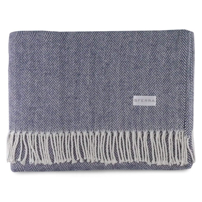 CELINE HERRINGBONE 100 COTTON THROW BLANKET NAVY