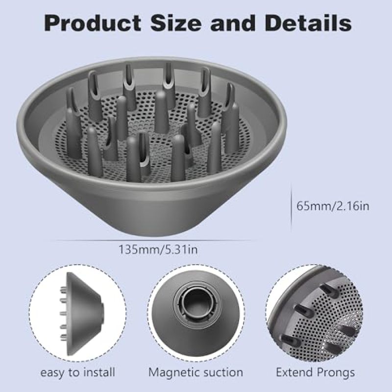Hair Dryer Diffuser Attachment For Dyson Supersonic - Magnetic Snap On Styling Nozzle For Curly Wavy Hair, Universal Fit HD01 HD02 HD03 HD04 HD08 HD15 Flex Style Dryer, Even Heat Distribution For Friz - Image 5
