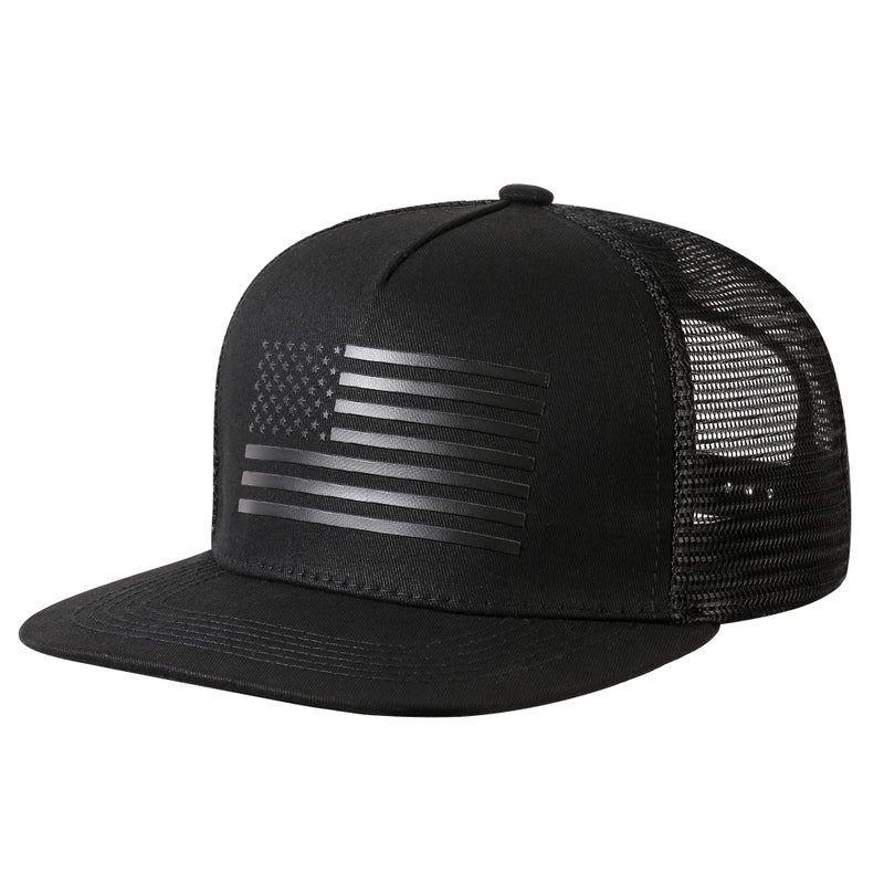 UALON Baseball Cap, Snapback Trucker Hat for Men & Women with American Flag and Adjustable, Breathable Mesh, Flat Bill Hats Black/Black - Image 1