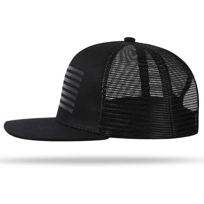 UALON Baseball Cap, Snapback Trucker Hat for Men & Women with American Flag and Adjustable, Breathable Mesh, Flat Bill Hats Black/Black - Image 4