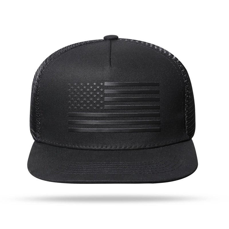UALON Baseball Cap, Snapback Trucker Hat for Men & Women with American Flag and Adjustable, Breathable Mesh, Flat Bill Hats Black/Black - Image 3