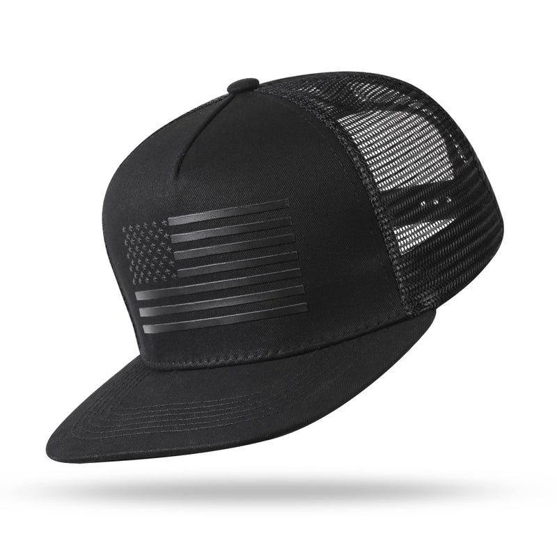 UALON Baseball Cap, Snapback Trucker Hat for Men & Women with American Flag and Adjustable, Breathable Mesh, Flat Bill Hats Black/Black - Image 2